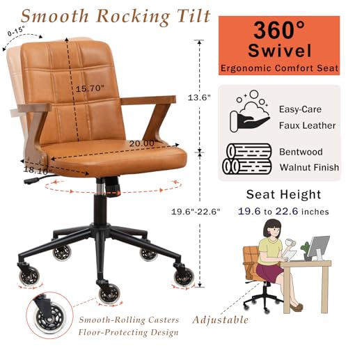 Image of Mid Century Modern Desk Chair with Walnut Finish, Ergonomic Task Chair