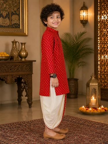 Image of superminis Boy's Cotton Kurta with Dhoti - Golden Thread Work, Solid Round Collar, Full Sleeves, Side Button Kurta Set for Ethnic Wear