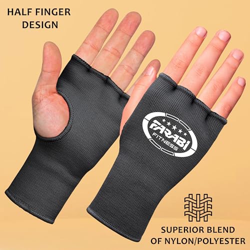 Farabi Sports Boxing Hand Wraps Half Finger Elasticated Inner Gloves for Punching Boxing Bandages Ideal for MMA, Muay Thai, Training, Combat Sports, Kickboxing and Martial Arts (Black, S/M)