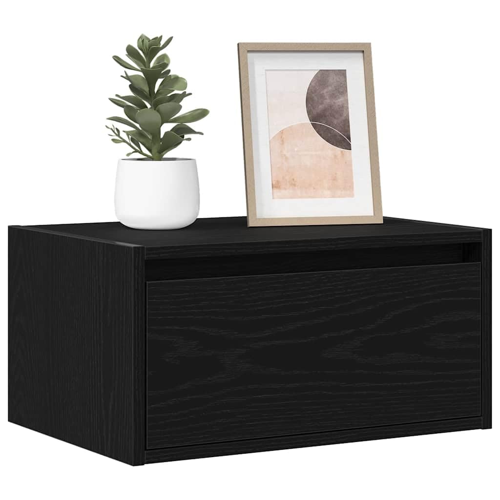 Naścienne stoliki nocne z oświetleniem LED, zestaw 2 szt., czarny wygląd dębu, pływające, materiał drewnopochodny, 51 x 35,5 x 25 cm, do sypialni, salonu