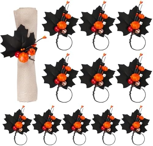 Halloween Napkin Rings Set of 12, Halloween Black Maple Leaf & Pumpkin Bone Fall Napkin Rings Holder Handmade Napkin Ring Set for Halloween Thanksgiving Dinner Table Decor