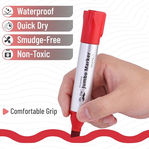 Image of Mr. Pen- Jumbo Permanent Markers, 4 Pack, Red, Chisel Tip, Wide Tip, Large | Thick Permanent Markers for Canvas, Posters Board, Fabric, Window, Glass, Wood, Waterproof, Quick Dry