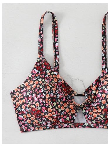 SHENHE Women's Floral Bikini Top Cut Out Ring Linked Spaghetti Strap Paddes Swimsuit Top Only3