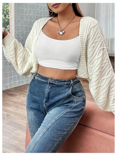 Women's Plus Size Open Front Cardigan Long Sleeve Loose Crop Sweater Shrug4