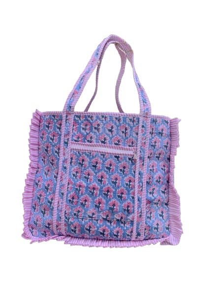 Large Size Indian Handmade Cotton Quilted Tote Bag Decorative Block Print Shoulder Bag Beautiful Women Travel Bag Vintage Floral Print Weekender Bags With Fringe2