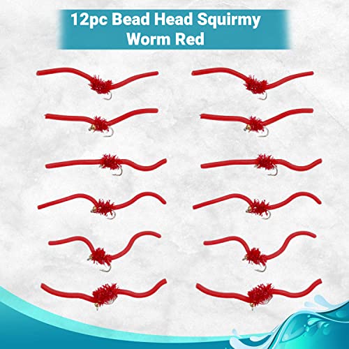 Feeder Creek Squirmy Wormy, 12 Fly Fishing Lures With Bead Head, Size 12, Ideal For Trout, Bass, Steelhead, Salmon And Other Freshwater Fish (Red) #TOP1