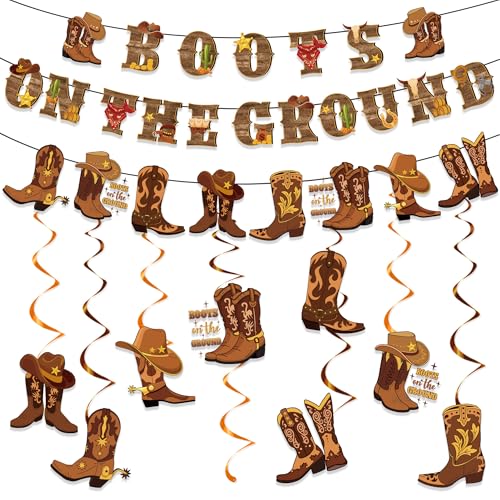 Image of Boots on the Ground Decorations Include Boots on the Ground Banners Hanging Swirls Western Cowgirl Theme Party Supplies