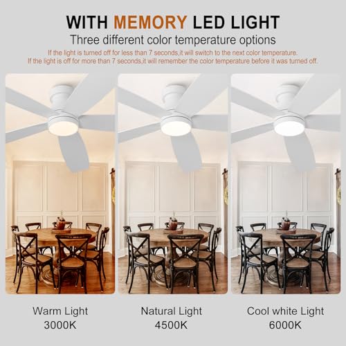 Image of 52 inch White Flush Mount Ceiling Fans with Lights and Remote,White Bedroom Ceiling Fan with Lights, Low Profile Ceiling Fan with Light For Bedroom Outdoor, Memory Fuction Quiet DC Motor