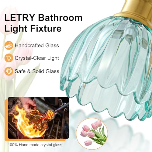 Image of Bathroom Light Fixtures, 4-Light Brushed Gold Vanity Lights for Bathroom with Blue Tulip Glass Shade, 26 inch Vintage Bathroom Vanity Lighting Fixtures Over Mirror for Bedroom Living Room Hallway