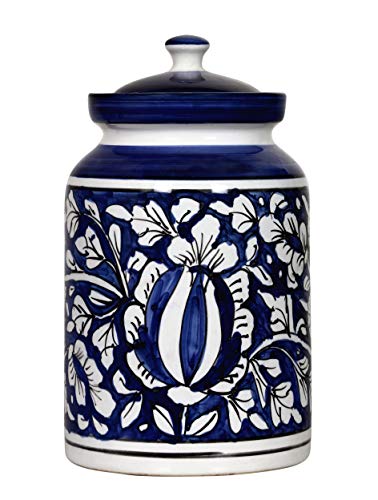 Image of Blue Pottery Hand Painted Mughal Ceramic Storage Pickle Jar for Home, 2 KG