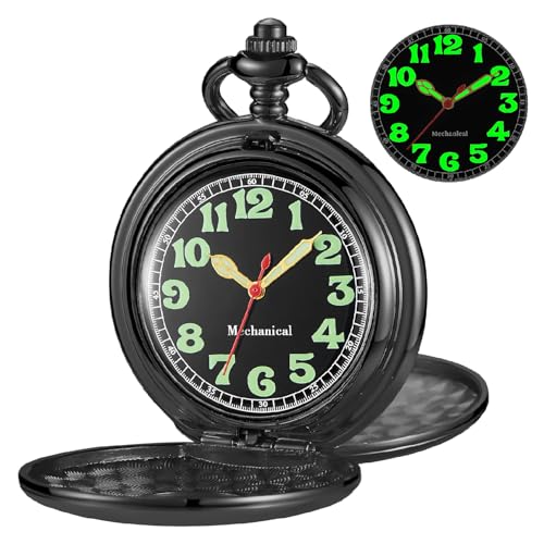 Image of Men's Mechanical Pocket Watch Black Rudder Pattern Double Open Hollow Roman Numerals Pocket Watch