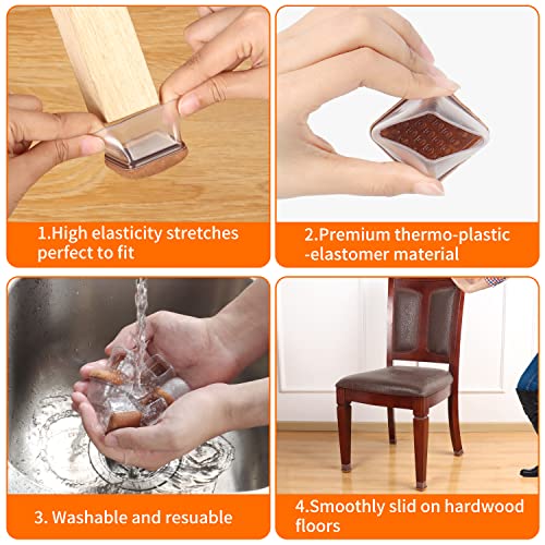 24 Pcs Clear Square Silicone Chair Leg Floor Protectors For Hardwood Floors, Felt Furniture Pads, Chair Leg Caps Covers, Floor Protectors For Chair, Bar Stool Leg Floor Protectors (Fit: 0.8''–1.1'') #TOP2