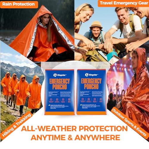 Image of K Kingstar 2 Pack Emergency Mylar Poncho, Waterproof Rain Ponchos, Reusable Packable Ponchos, Survival Blanket Poncho for Outdoor Camping & Hiking, Rescue, Car Emergency Kit, Shelter /Tent Cover