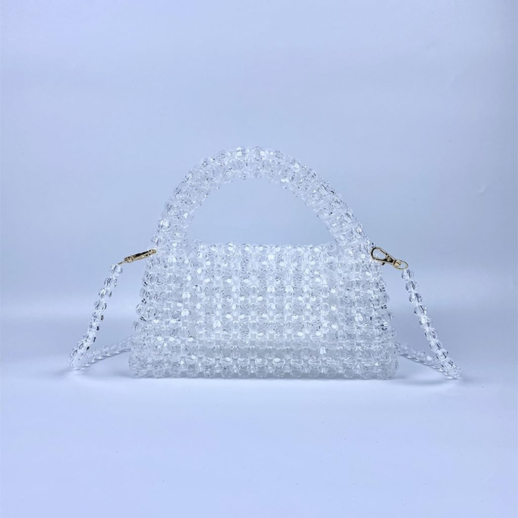 DJBM Women Acrylic Transparent Fancy Luxury Beaded Purse Handmade Crossbody Pearl Bag for Wedding Dating Bead White