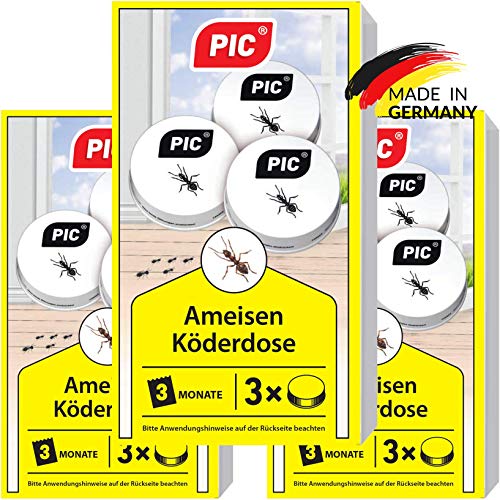 PIC - Ameisenköder Dose - 3x3 = 9 Dosen  Ameisenköder für Innen, Terrasse, Balkon und Keller Bekämpft das ganze Ameisennest