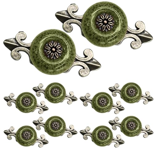 suiwotin 10pcs Ceramic Knobs Green Dresser Knobs with Pattern, Vintage