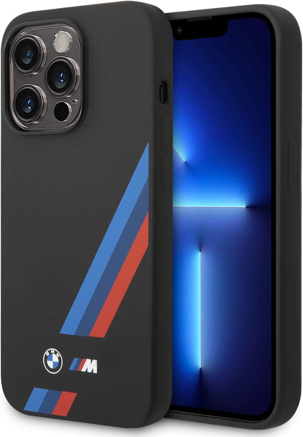 CG MOBILE BMW M Collection Liquid Silicone Case With Slanted Tricolor Stripes & Printed Logo, Accurate Cutouts, Easy Access to all Ports, Bumper Protection, Compatible with iPhone 14 - Black (Pro Max)