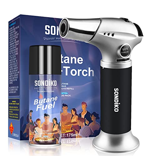 Sondiko Butane Torch and Fuel Refill, S901 with 170 ml Gas Included. Kitchen Torch Lighter Blow Torch with butane refill for BBQ, Creme Brulee, Baking.