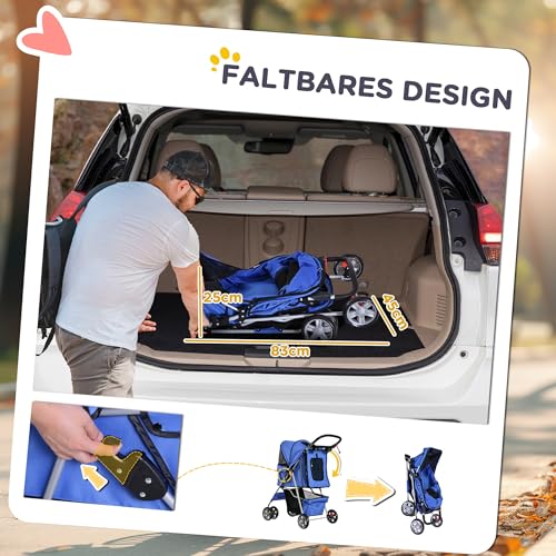 PawHut Hundewagen, klappbar Hundebuggy für kleine Hunde und Miniaturhunde, Katzenbuggy mit Aufbewahrungskorb, Becherhalter, Netzfenstern, Haustierwagen Oxford, Blau