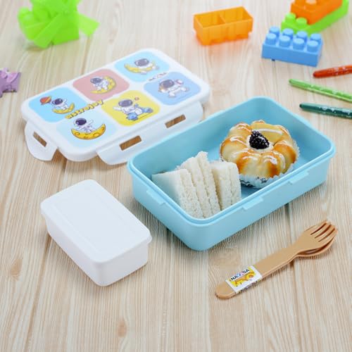 Image of Nayasa Camp 2 Compartment BPA-Free Plastic Lunch Box for Kids Boys | Astronaut Print | Leak Proof Clip Lock | Blue