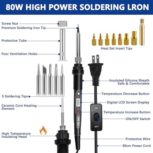 Image of 80W Soldering Iron Heat Set Insert Tool, LCD Digital Soldering Iron Kit | Adjustable Temperature Soldering Tool with Iron Tips and Heat Set Insert Tips, 16-in-1 Solder Kit, Black