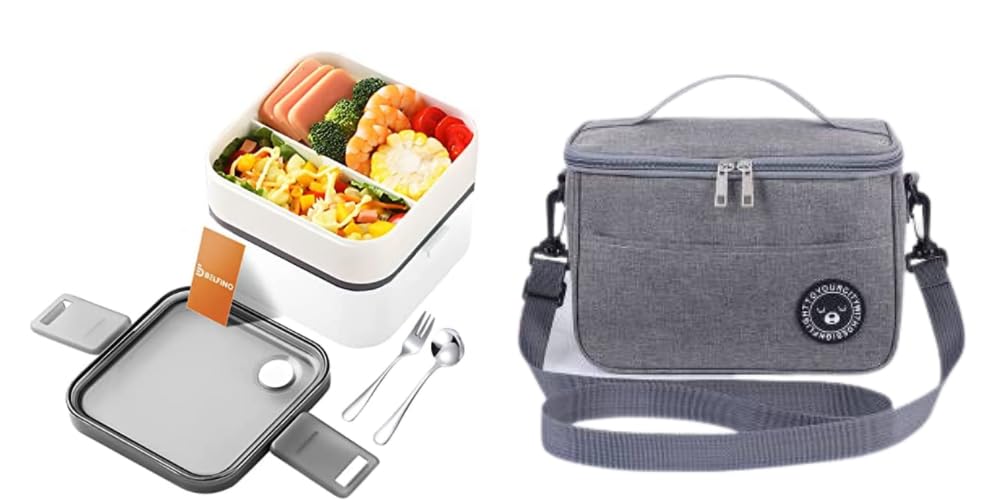 Belfino UAE Bento Set of Lunch Box & Bag, 2 Layer Leakproof Stackable Boxes with Divider, 1370ml Japanese Style Container, Lunch Bag, and Utensils - White