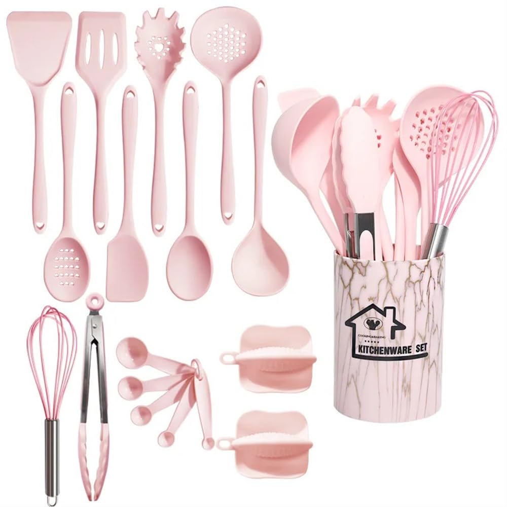 Juego de 18 utensilios de cocina de silicona, espátula giratoria, cuchara medidora, práctica herramienta de cocina (rosa)