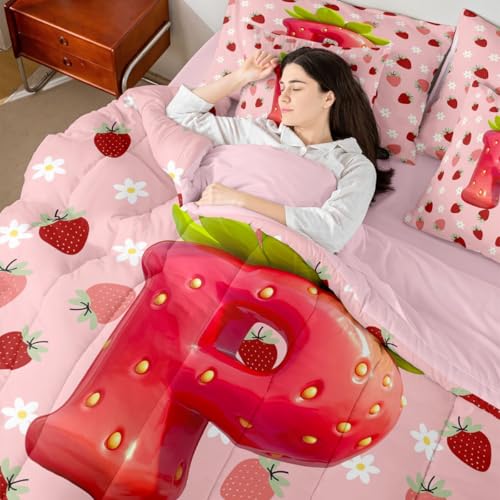 Image of Feelyou Girls Strawberry Comforter Set Full Size 7 Pieces Pink Strawberry Bedding Set for Kids Boys Girls Initial Letter P Bed in a Bag with Comforter, Sheets, Pillowcases, Cushion Covers