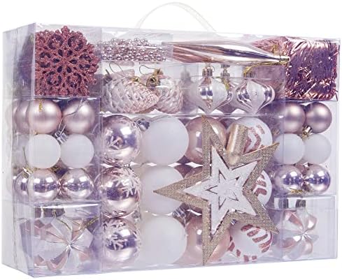 119 Pcs Christmas Ball Ornaments Set, Assorted Shatterproof Tree Ornaments with Reusable Hand-held Gift Package, Christmas Tree Decorations for Xmas Holiday Party - Rose Gold White