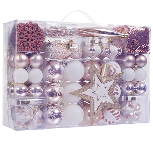 119 Pcs Christmas Ball Ornaments Set, Assorted Shatterproof Tree Ornaments With Reusable Hand-Held Gift Package, Christmas Tree Decorations For Xmas Holiday Party - Rose Gold White #TOP2