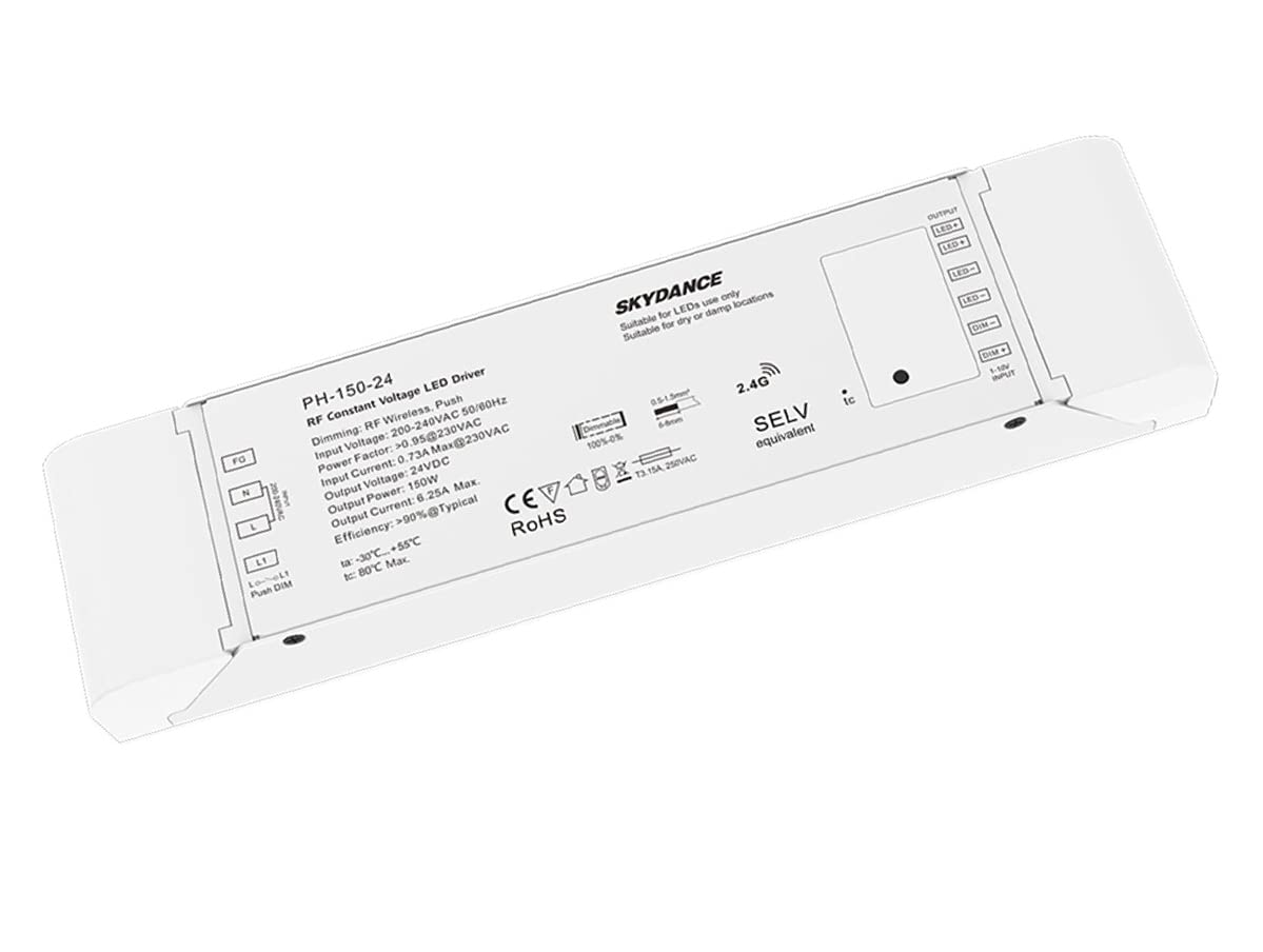Transformador de alimentación regulable 24V 150W con botón N.O. Push Dimmer – Compatible con control remoto RF 2.4G (no incluido), para tira de LED 24V, Skydance PB-150-24