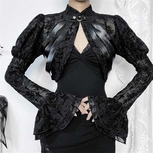 Image of Women Gothic Crop Top Shirt Y2K Black Bell Sleeve Shawl Cardigan