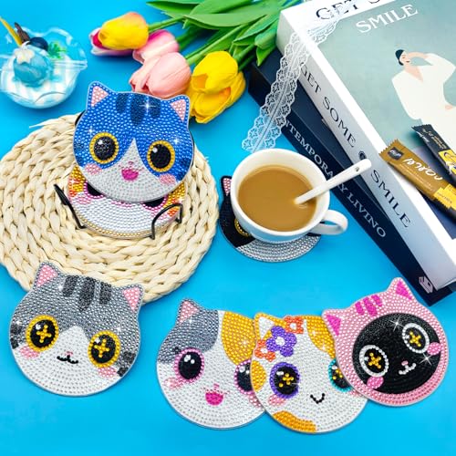 Image of ZTOTZ Cat Diamond Art Painting Coaster Kit, DIY Round Coasters Set of 8 | Cute Cat Crafts Kit, Includes Holder Stand, Cork Backing Pads, Ideal Christmas Gift, For Adults & Beginners, 3.9in Size