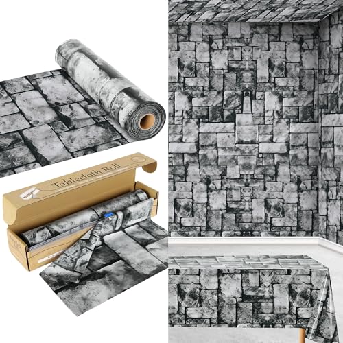 100FT x 54IN Stone Wall Plastic Tablecloth Roll with Slide Cutter Box