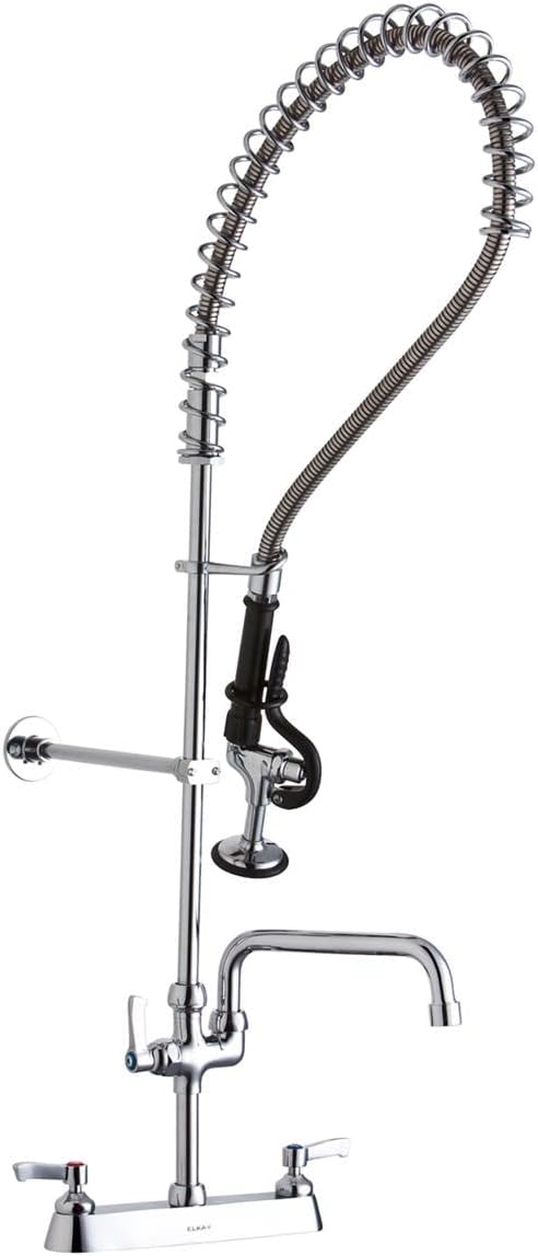 Elkay Solid Brass Commercial Kitchen Faucet with 10" Swivel Spout and Stainless Steel Sprayer, Dual Hole Mount