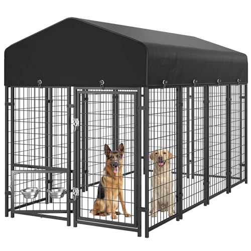 Sino Luban Dog Kennel Outdoor, 8x4x6FT Large Outside Dog Kennel with Roof, Heavy Duty Outdoor Kennel Dog Run Enclosure with 2 Rotating Bowls & Secure Lock for Large Dogs