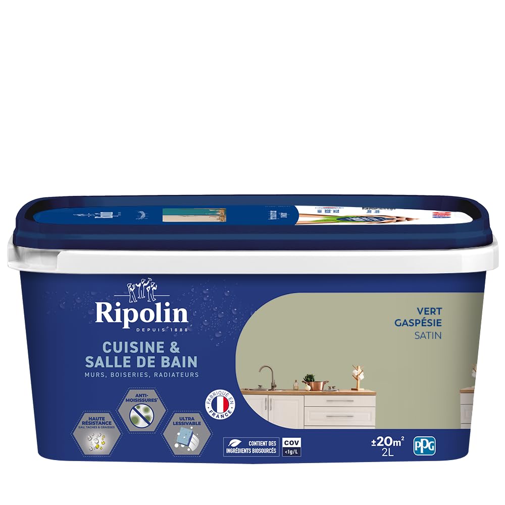 RIPOLIN - Peinture Intérieure Cuisine et Bain – Murs, Boiseries et Radiateurs - Adapté Pièces Humides - Effet Perlant - Lessivable - Haute Résistance - Vert Gaspesie - Satin - 2L