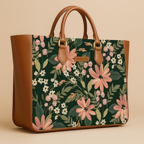 Image of The Purple Tree Handcrafted Women's Tote Bag with Vegan Leather Handles & Indian Prints, Shoulder Tote Bag and Handbag for Office and College (Pack of 1)