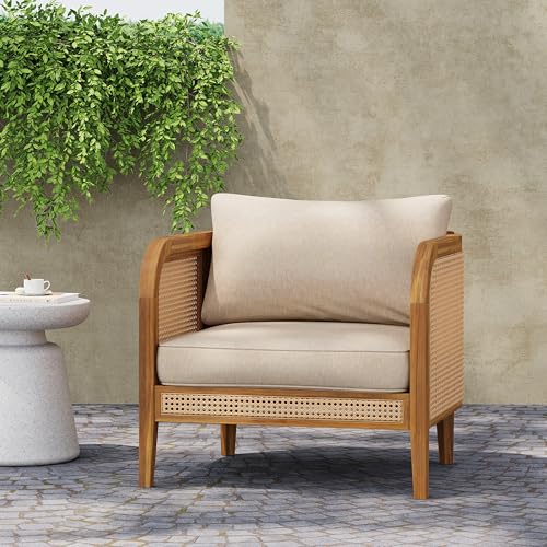 Merax Outdoor Acacia Wood Armchair w/Coushions, Patio Rattan Club Chair for Porch, Lawn, Backyard,...