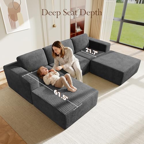 Image of Vesgantti 119 inch Oversized U-Shaped Modular Sectional Sofa, Corduroy Cloud Couch with Deep Seating & Spring Support, Convertible Sofa with 2 Ottomans, Boneless Couch, No Assembly Required, Grey