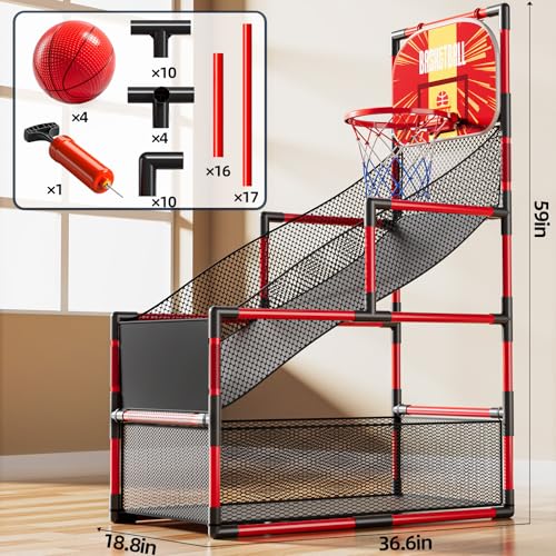 KIZONLY Arcade Basketball Game Indoor, Kids Ajustable Basketball Hoop, Outdoor Carnival Sports Play Toy with 4 Balls and Air Pump, Educational Birthday Gift for Boys Girls 3 4 5 6 7 8 Year Old (Red) - Thumbnail 2