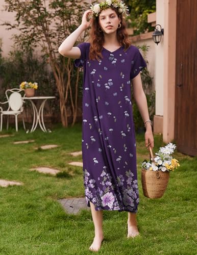 Image of Ekouaer Long Nightgown Women's Loungewear Short Sleeve Sleepwear Full Length Sleep Shirt with Pockets