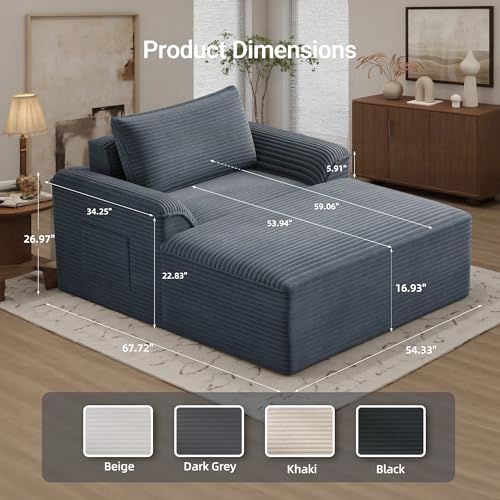 Image of Claiks 68 inch Oversized Chaise Lounge Chair Indoor, Corduroy Upholstered Boneless Sofa Bed, Deep Seat Sleeper Couch with Pillows and Armrest, Cloud Sofas Reading Chair for Living Room, Dark Gray