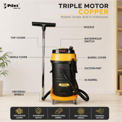 Image of Pilot Vacuum Cleaner for House 100L /4500W Triple Copper Motor /3000mm H₂O Powerful Suction /Heavy Duty Industrial & Commercial Vacuum Cleaner with HEPA Filter