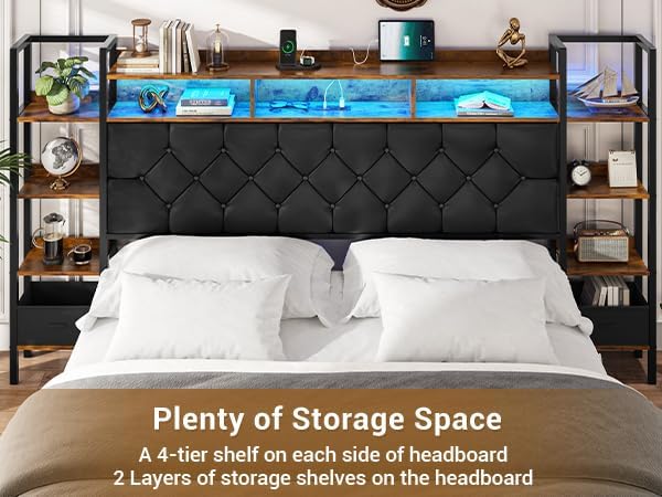 Image showing the 4-tier storage shelves on the headboard, filled with books and decorative items.