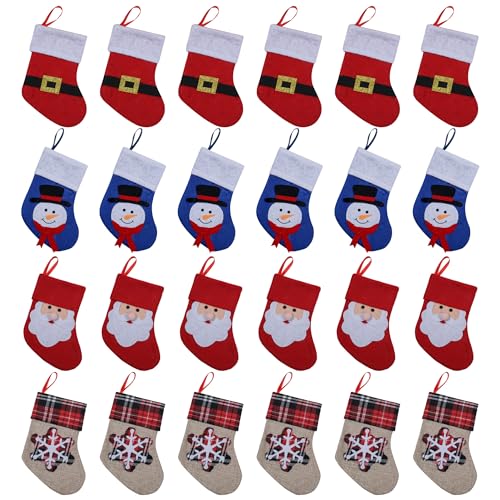 Xinoe 24 Pcs Mini Christmas Stockings,7.5 Inch Santa, Snowman, Snowflake, Belt Christmas Stockings,Used for Fireplace Decoration, Christmas Tree Decoration