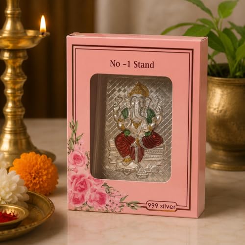 Image of 999 Silver Meenakari Ganpati Bappa Photo Frame for Home & Puja Room | Designer Vighnaharta Gajanan Ganesh Silver Tasveerfor Office Desk, Car Dashboard, Auspicious Gift for Housewarming, Return Gifts- 11x9x4 CM