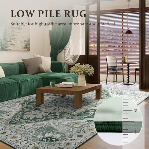 Green Boho Area Rug 6x9 Washable Large Vintage Rug for Living Room Bedroom Office Kitchen Entrance Dining Room Non Slip Soft Low-Pile Farmhouse, Green/Multi