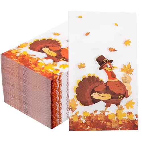WDF 100 Pack Thanksgiving Napkins Paper - 3ply Fall Paper Napkins with Turkey Autumn Leaves 15.8 x 13 Inches Folded Fall Dinner Napkins Tableware Decor