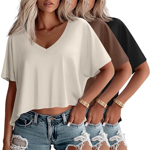 Huukeay 3 Pack Oversized T Shirts for Women Short Sleeve Crop Tops V Neck Irregular Hem Baggy Cropped Tees